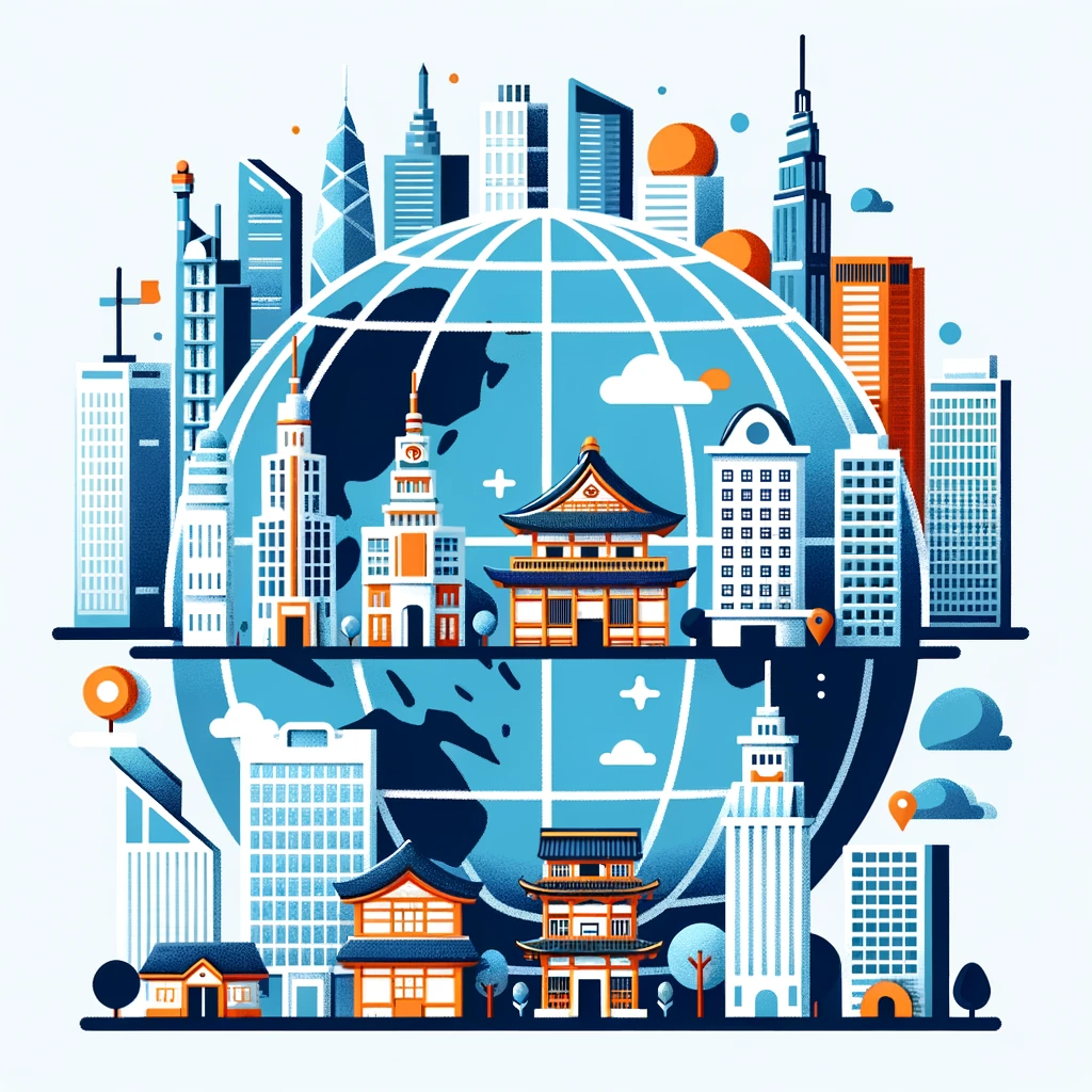 A simple illustration showing a globe with iconic buildings from various countries